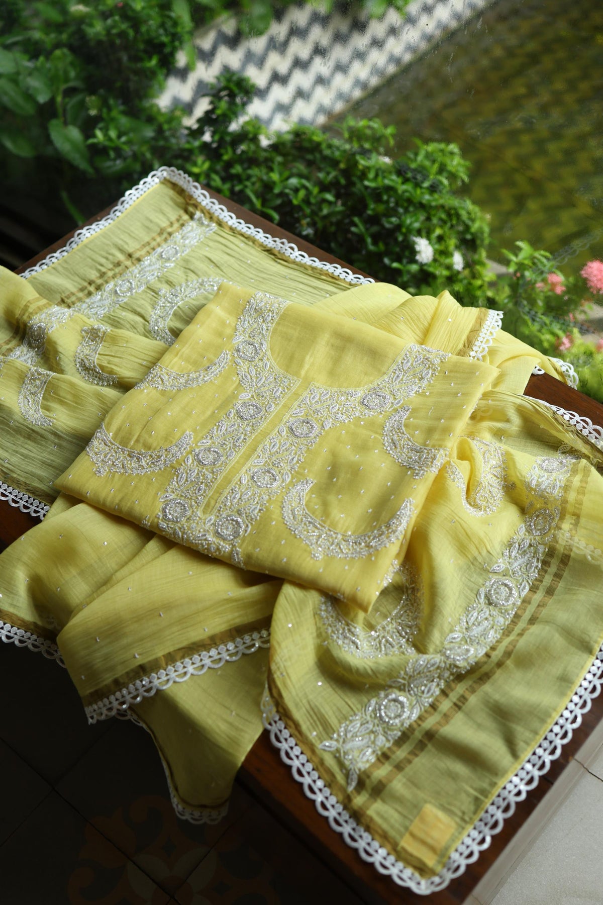 Yellow Shade Crescent Chandbala Chikankari Unstitched Fabric