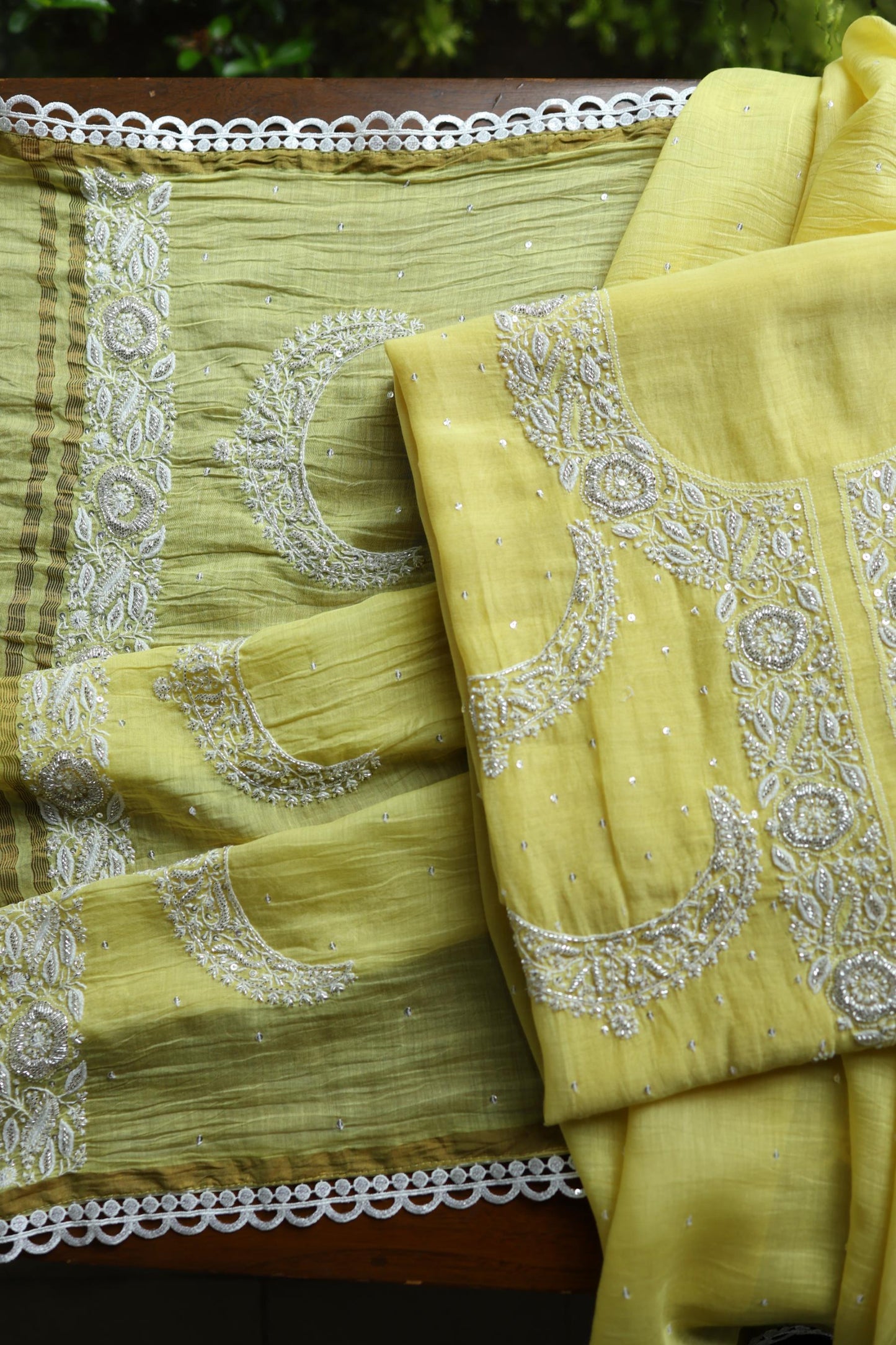Yellow Shade Crescent Chandbala Chikankari Unstitched Fabric