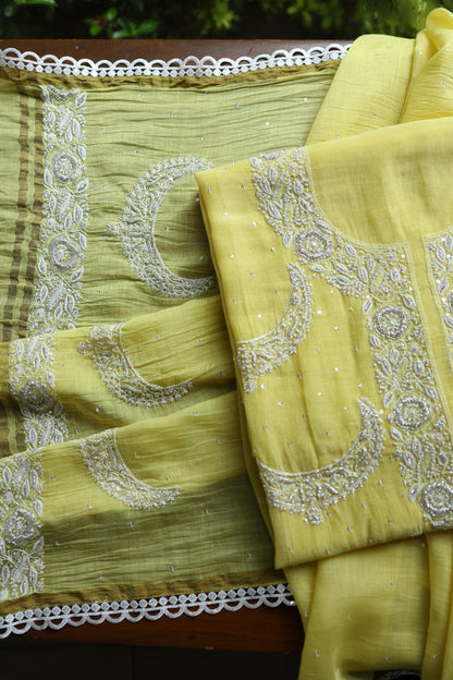 Yellow Shade Crescent Chandbala Chikankari Unstitched Fabric