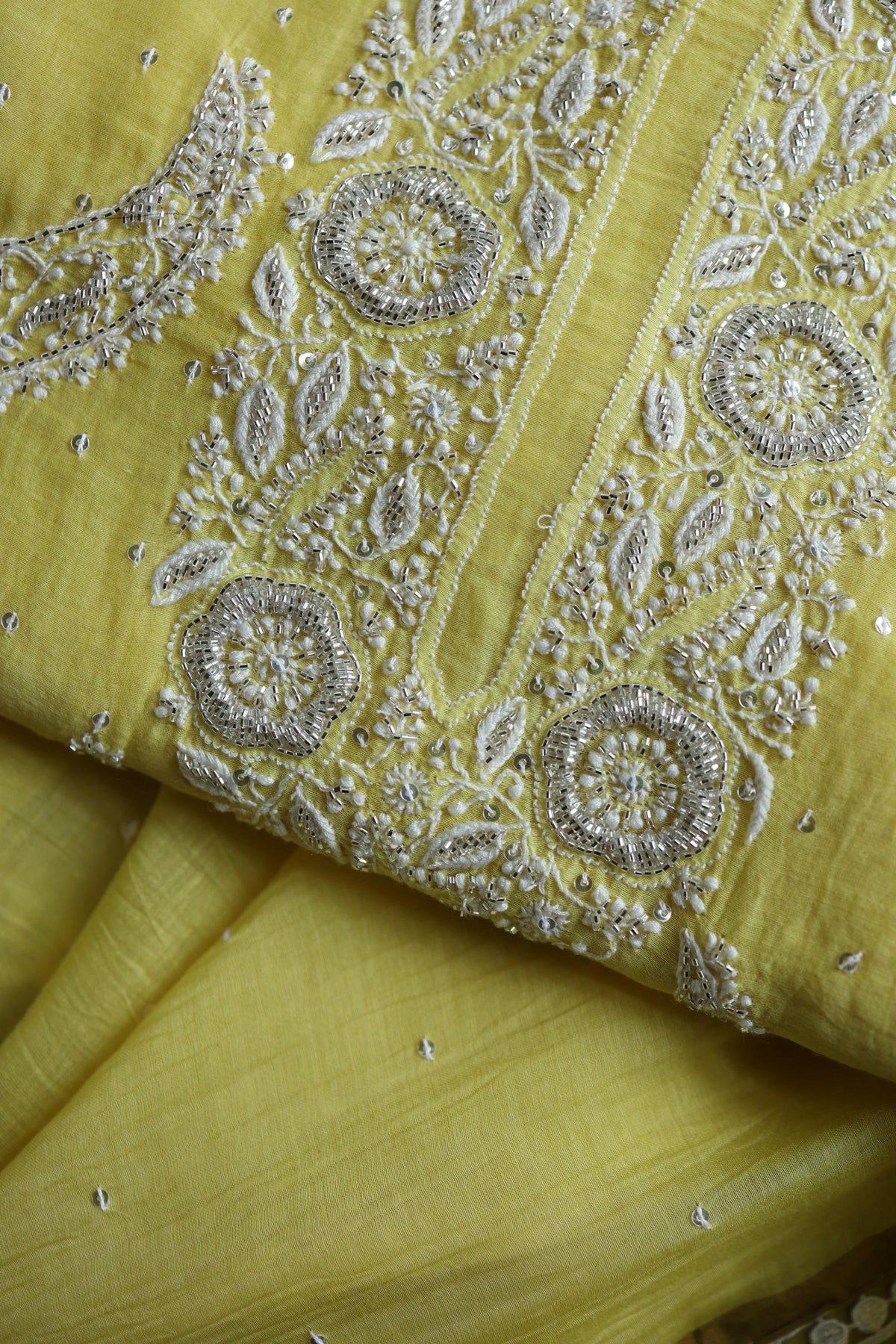 Yellow Shade Crescent Chandbala Chikankari Unstitched Fabric