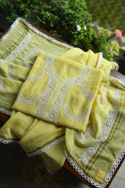 Yellow Shade Crescent Chandbala Chikankari Unstitched Fabric