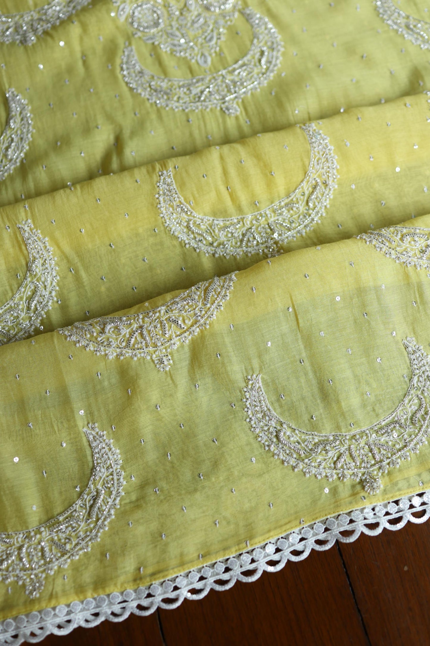 Yellow Shade Crescent Chandbala Chikankari Unstitched Fabric