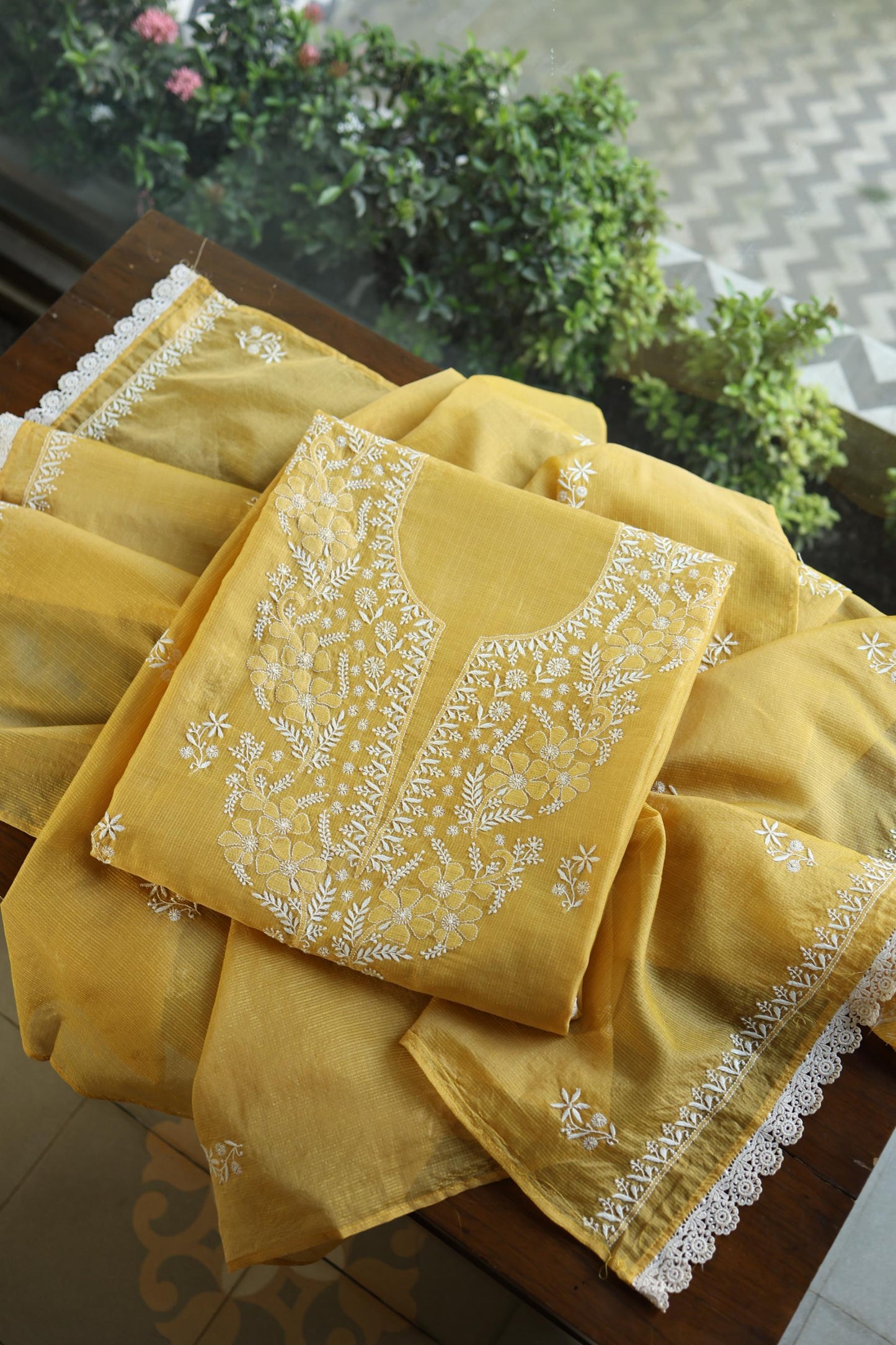 Yellow Shade Kota Chikankari Unstitched Fabrics
