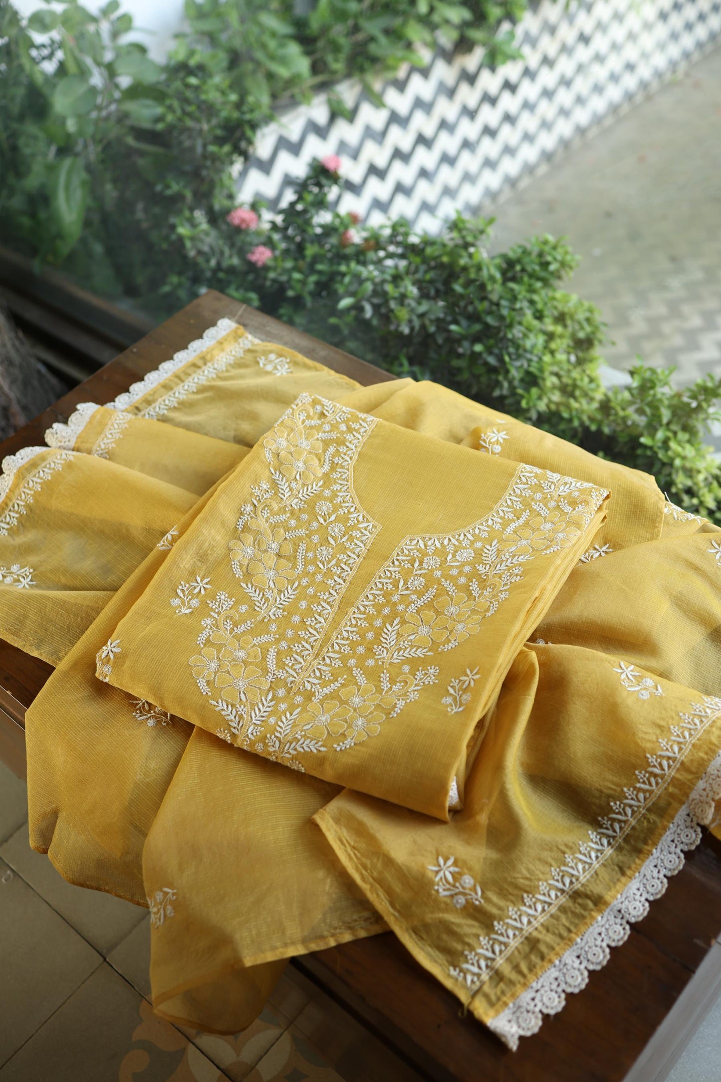 Yellow Shade Kota Chikankari Unstitched Fabrics