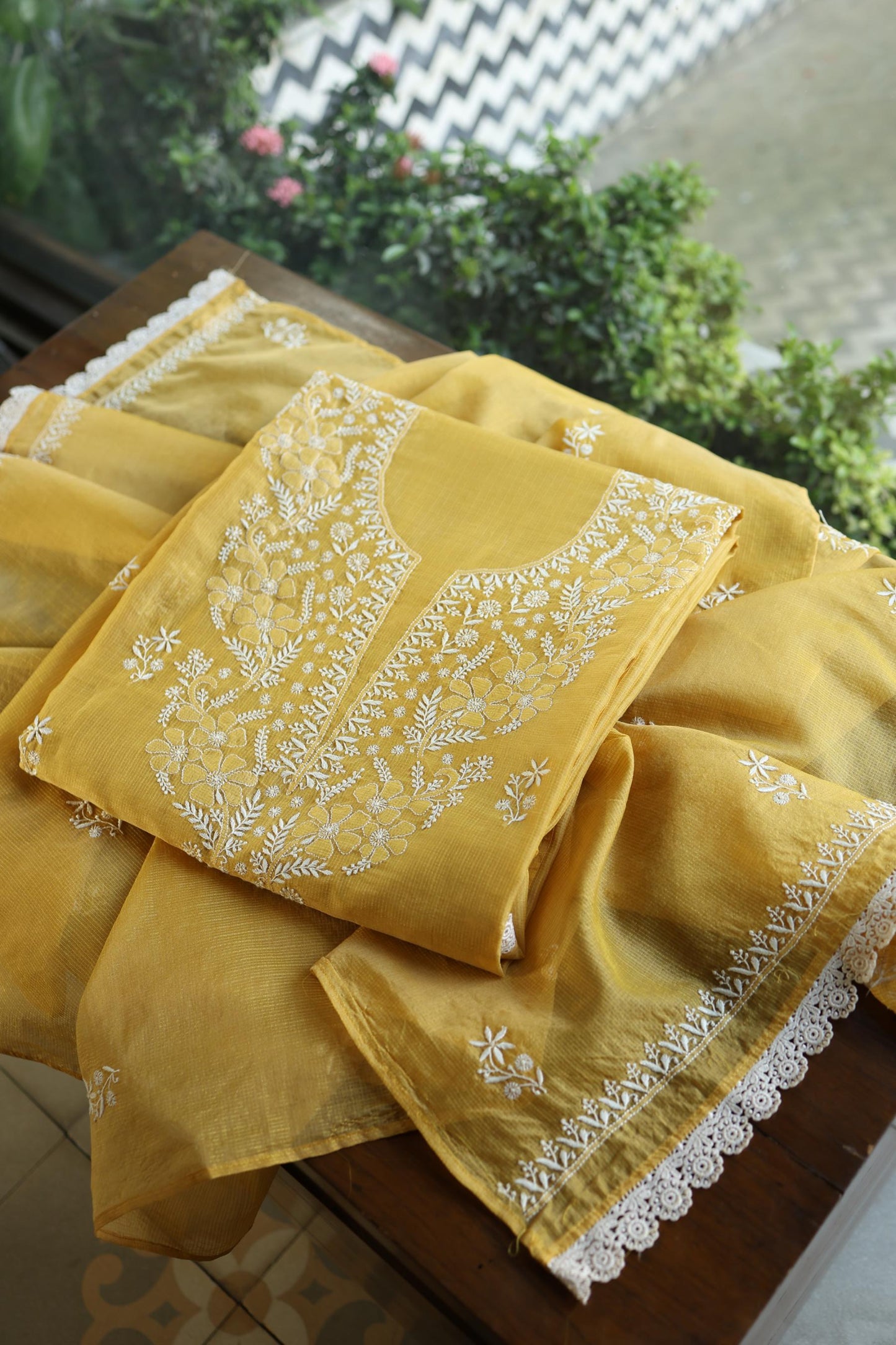 Yellow Shade Kota Chikankari Unstitched Fabrics