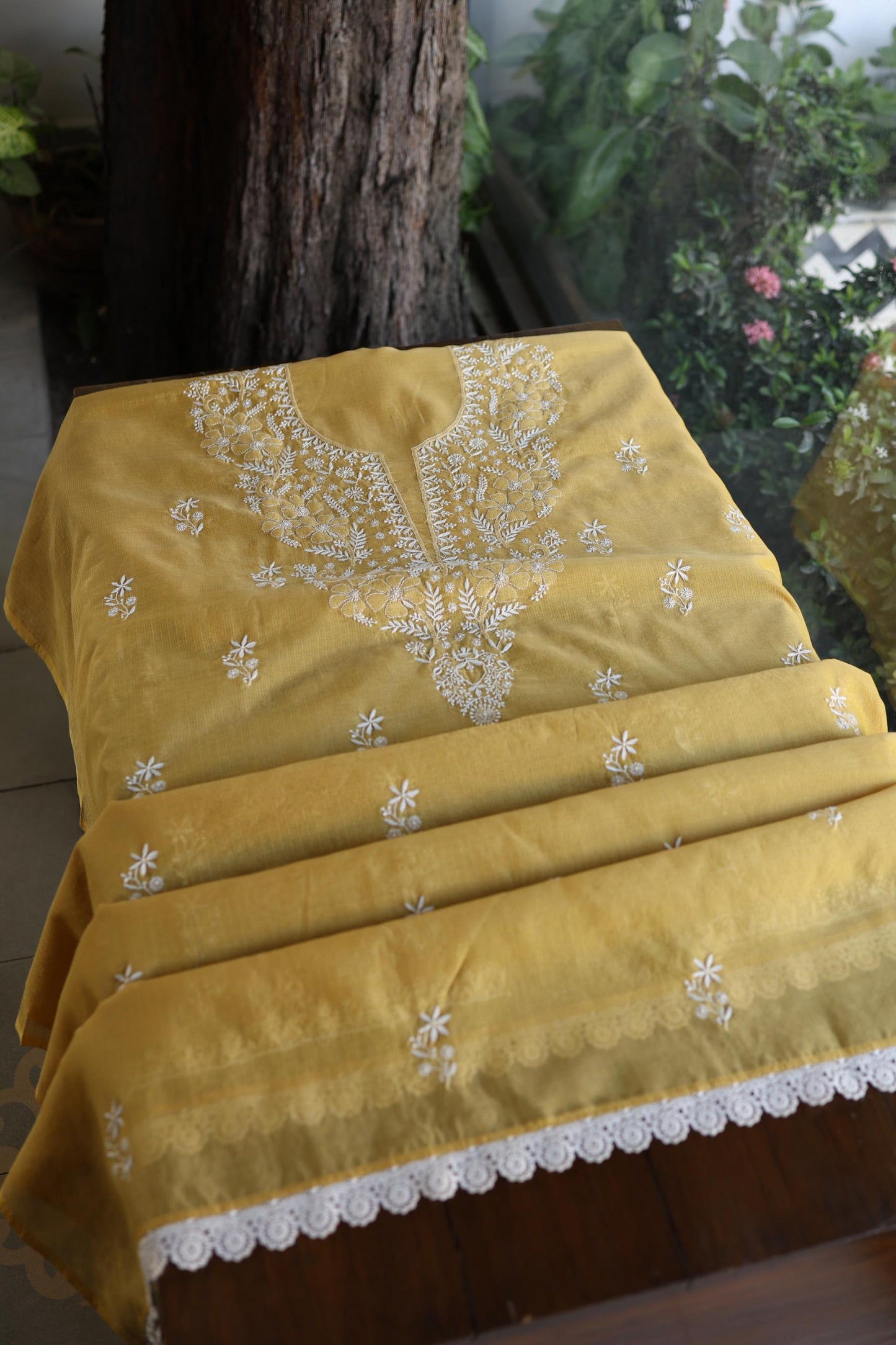 Yellow Shade Kota Chikankari Unstitched Fabrics