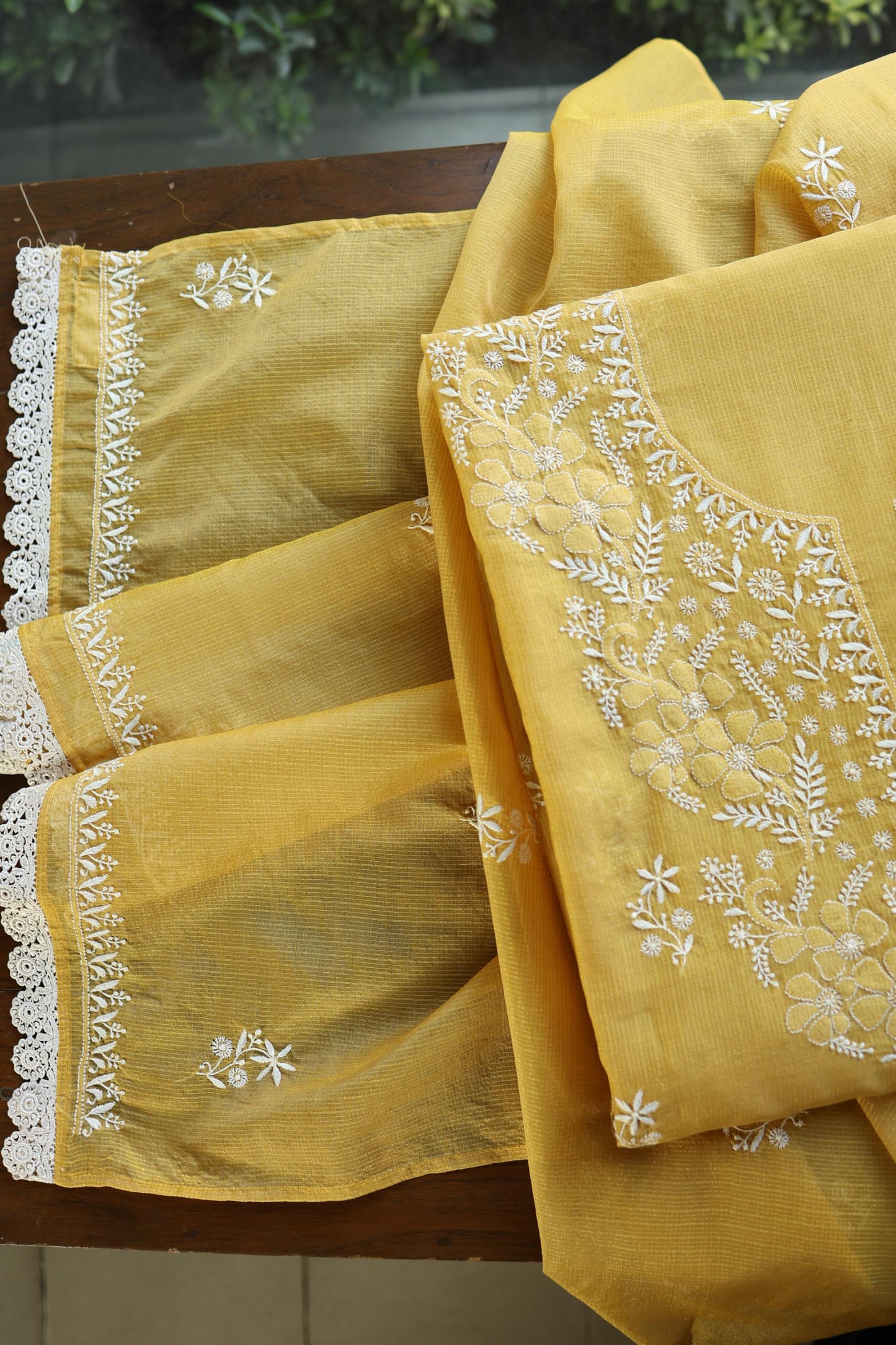 Yellow Shade Kota Chikankari Unstitched Fabrics