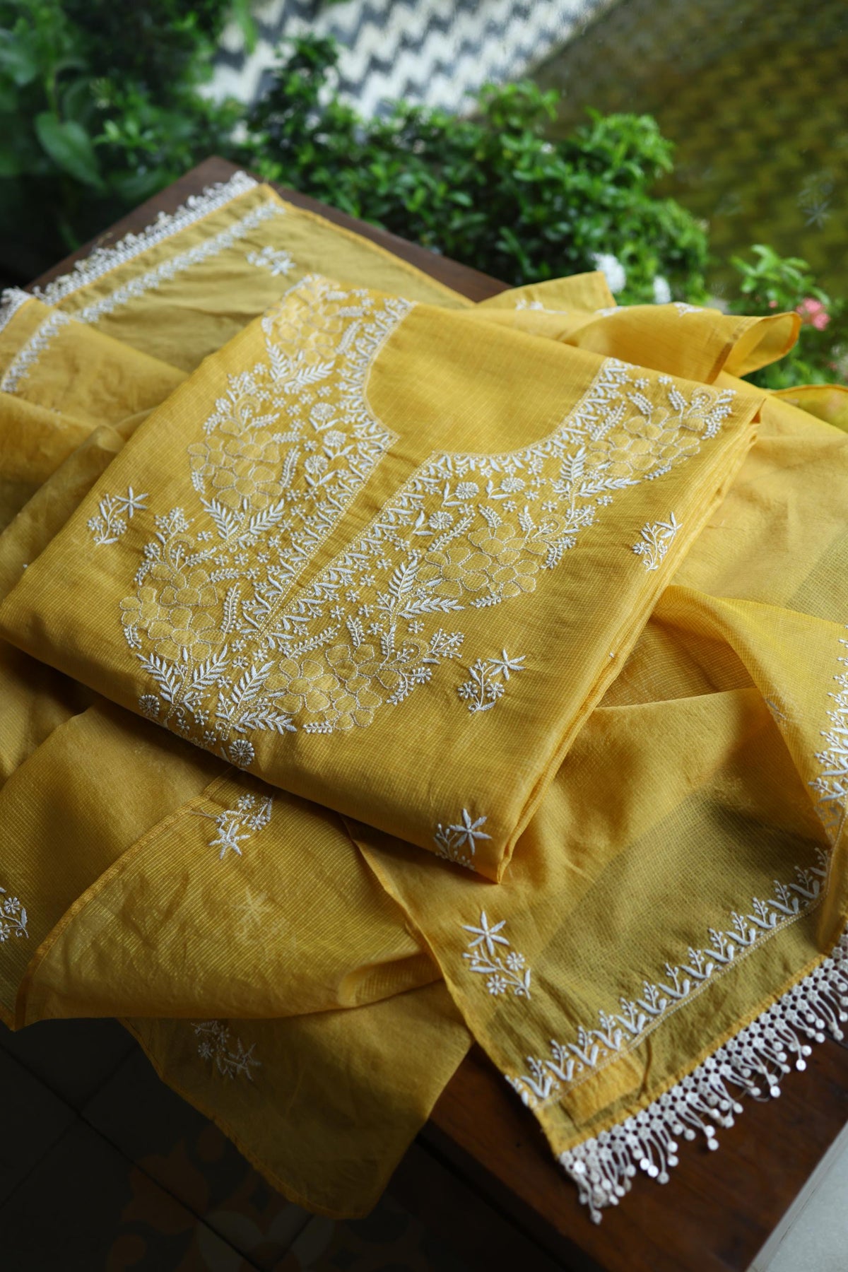 Yellow Shade Kota Chikankari Unstitched Suit Fabric
