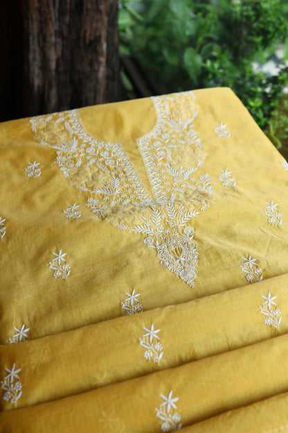 Yellow Shade Kota Chikankari Unstitched Suit Fabric
