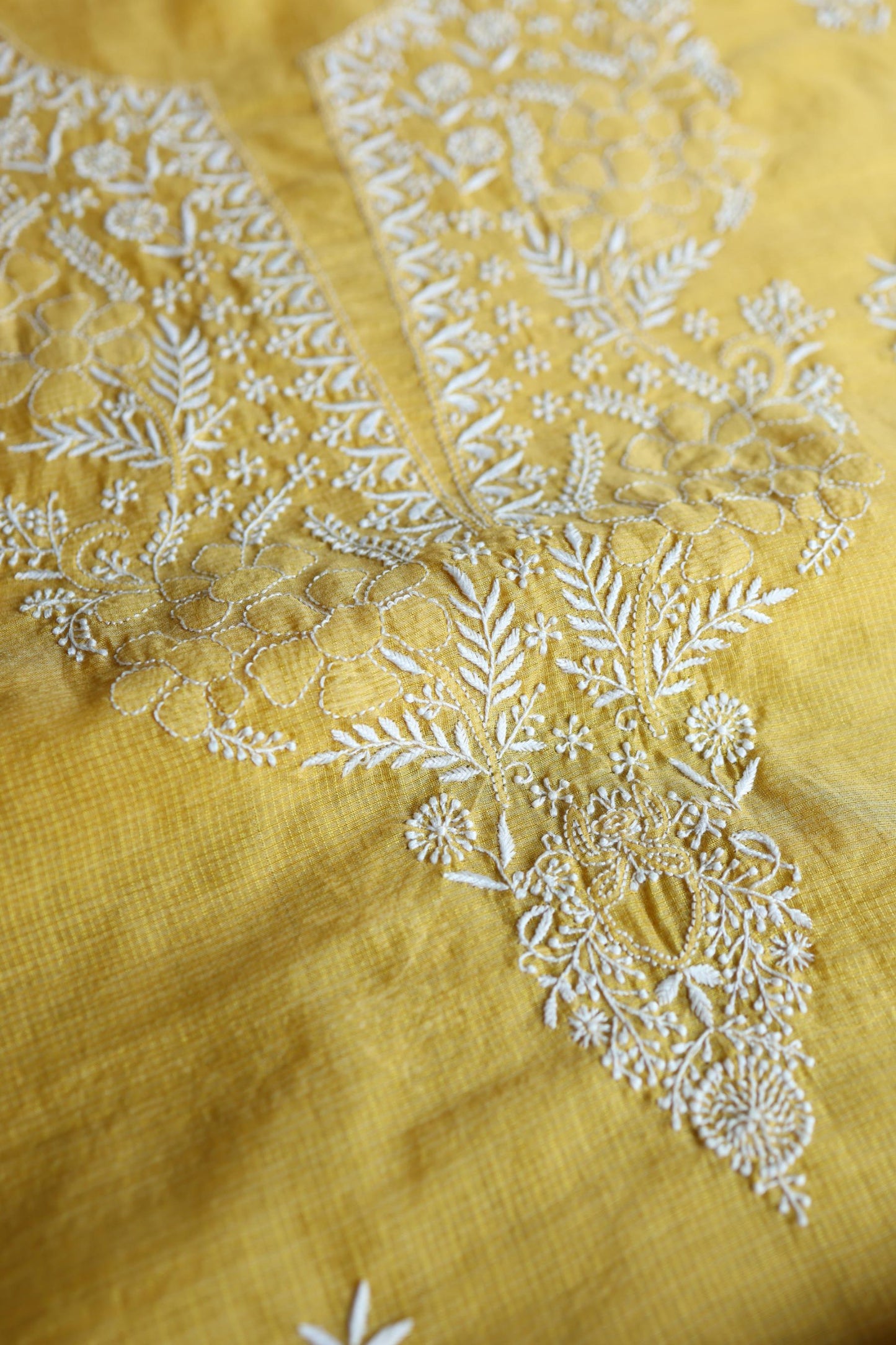 Yellow Shade Kota Chikankari Unstitched Suit Fabric