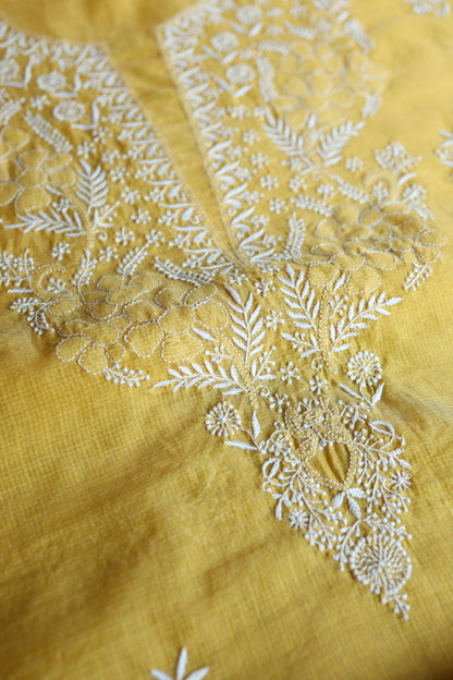 Yellow Shade Kota Chikankari Unstitched Suit Fabric