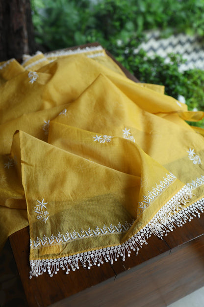 Yellow Shade Kota Chikankari Unstitched Suit Fabric