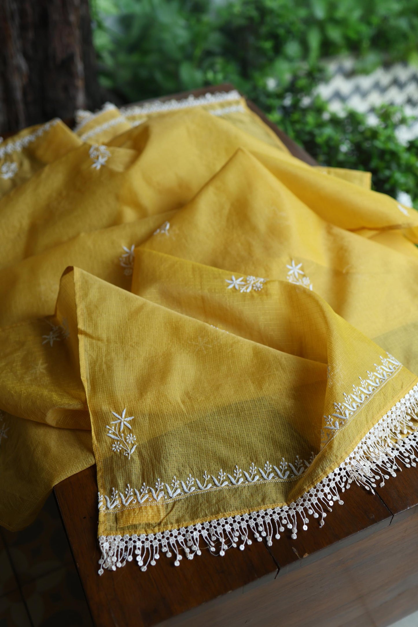 Yellow Shade Kota Chikankari Unstitched Suit Fabric