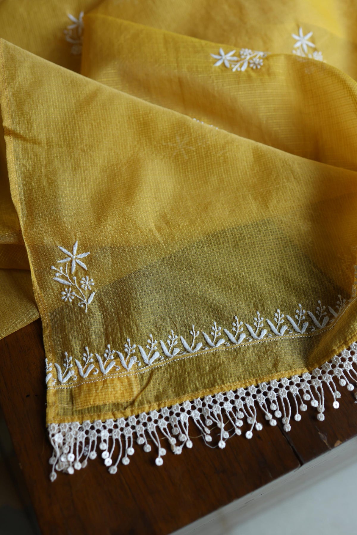 Yellow Shade Kota Chikankari Unstitched Suit Fabric