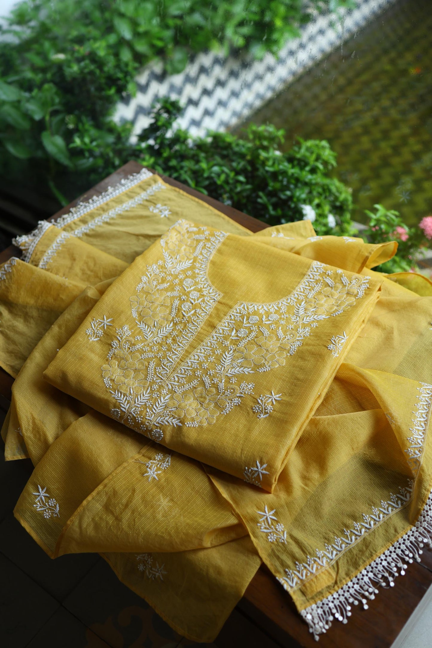 Yellow Shade Kota Chikankari Unstitched Suit Fabric