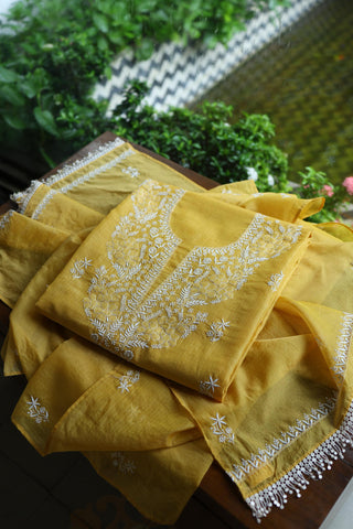 Yellow Shade Kota Chikankari Unstitched Suit Fabric