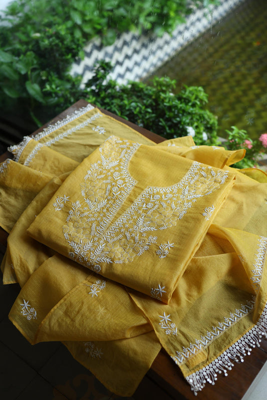 Yellow Shade Kota Chikankari Unstitched Suit Fabric