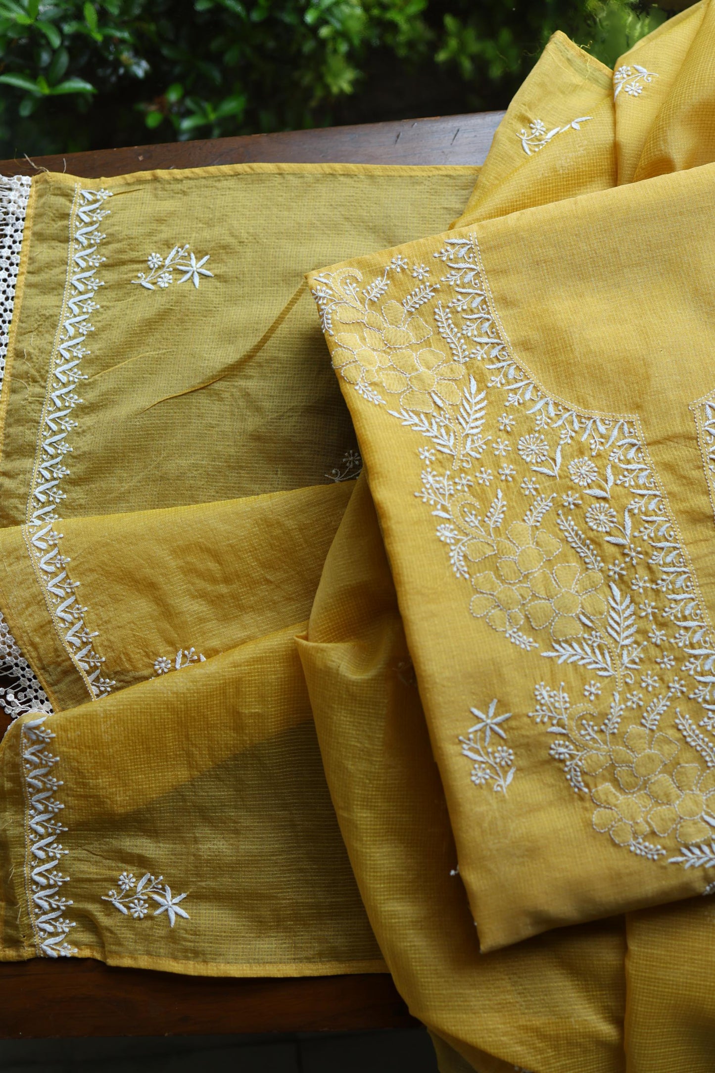 Yellow Shade Kota Chikankari Unstitched Suit Fabric