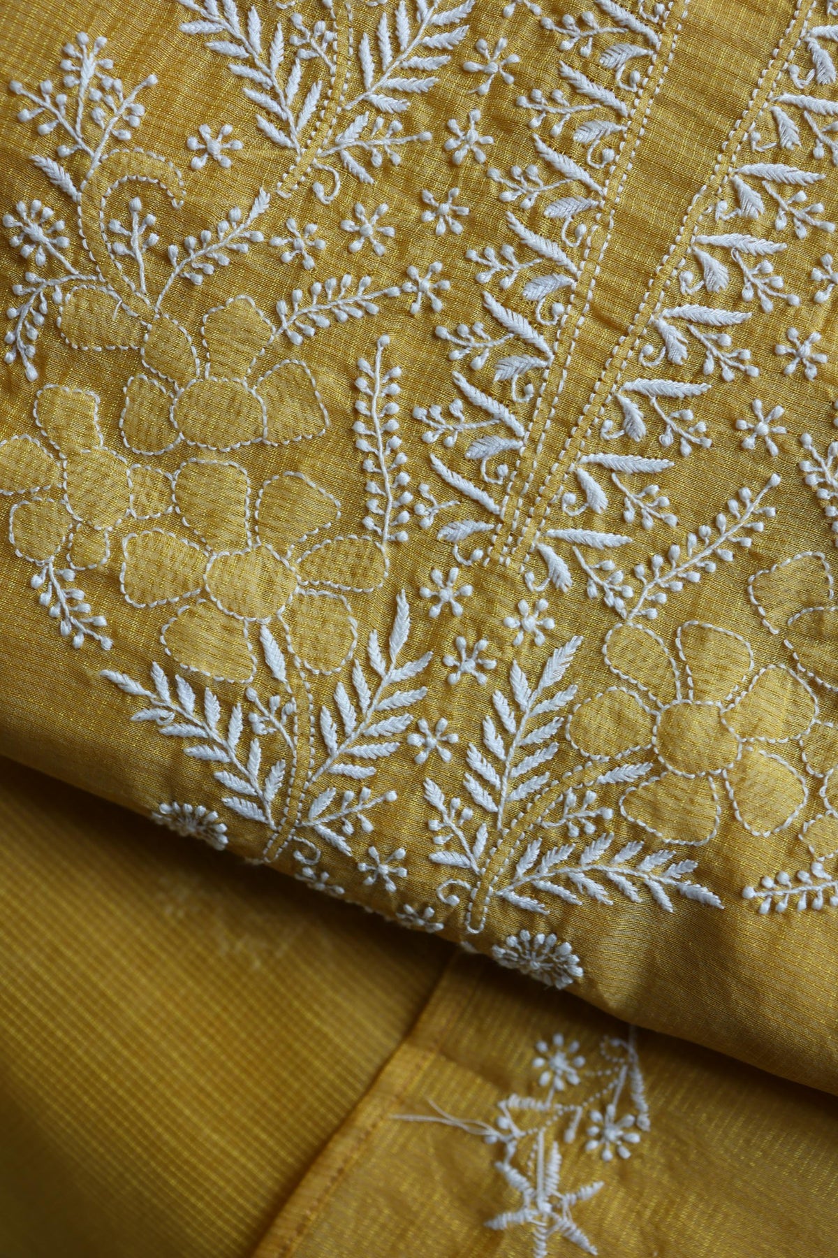 Yellow Shade Kota Chikankari Unstitched Suit Fabric