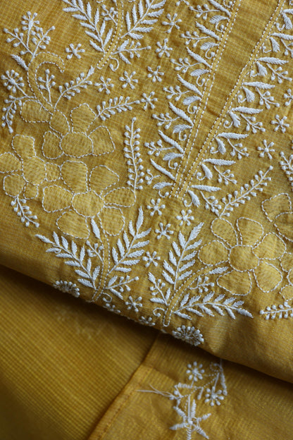 Yellow Shade Kota Chikankari Unstitched Suit Fabric