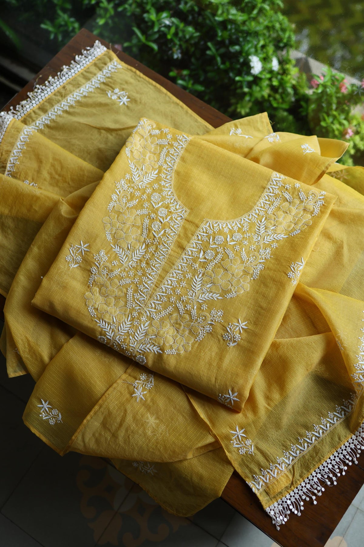 Yellow Shade Kota Chikankari Unstitched Suit Fabric