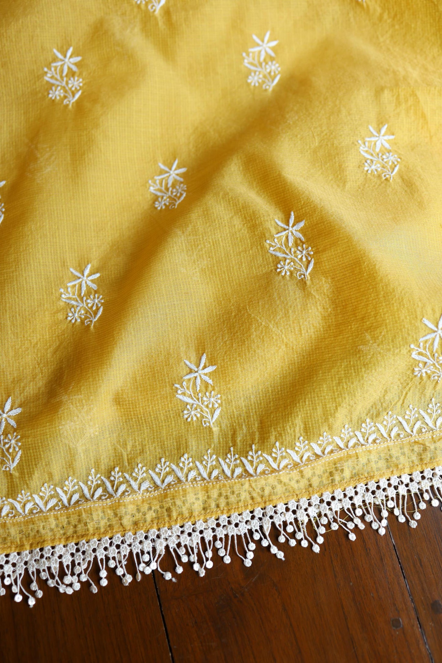 Yellow Shade Kota Chikankari Unstitched Suit Fabric