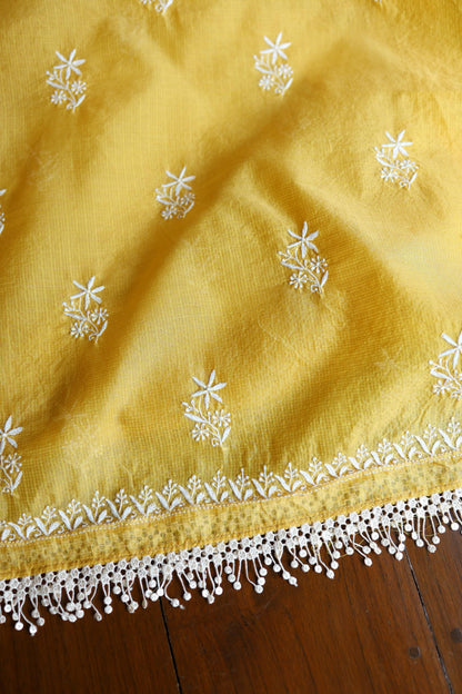 Yellow Shade Kota Chikankari Unstitched Suit Fabric