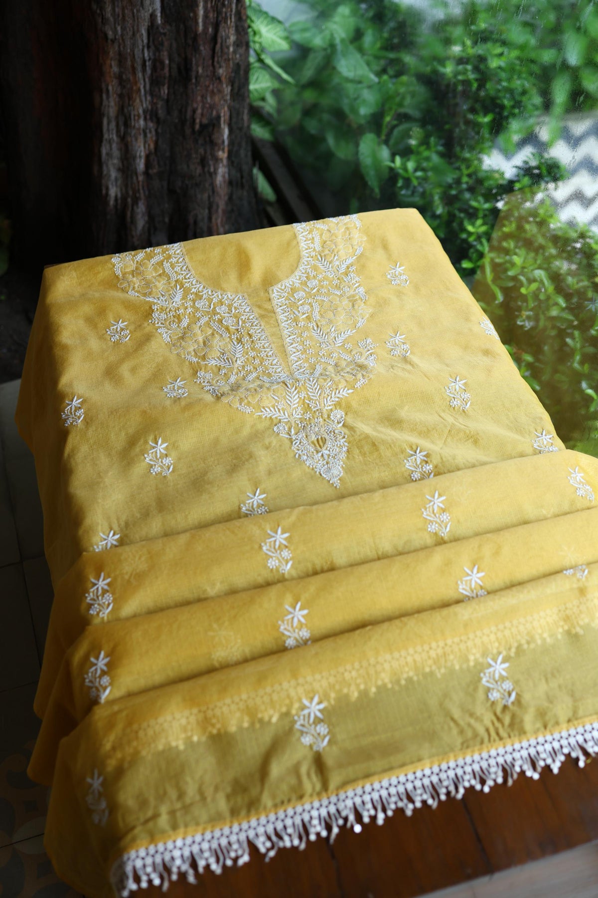 Yellow Shade Kota Chikankari Unstitched Suit Fabric