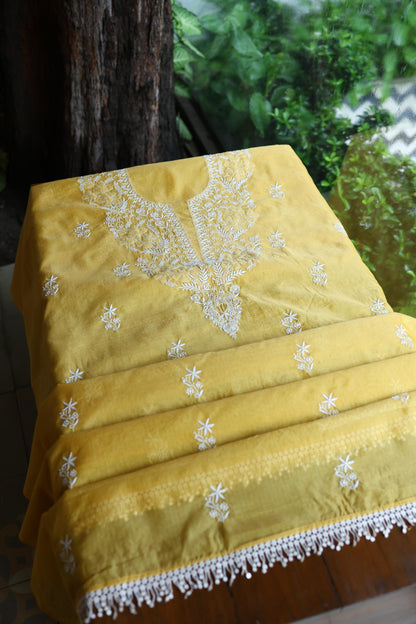 Yellow Shade Kota Chikankari Unstitched Suit Fabric