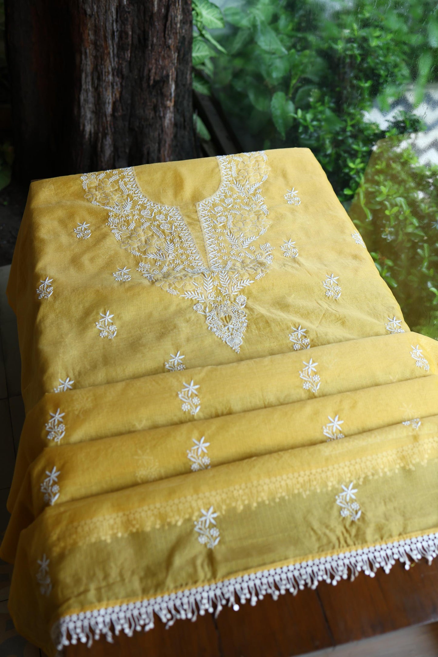 Yellow Shade Kota Chikankari Unstitched Suit Fabric