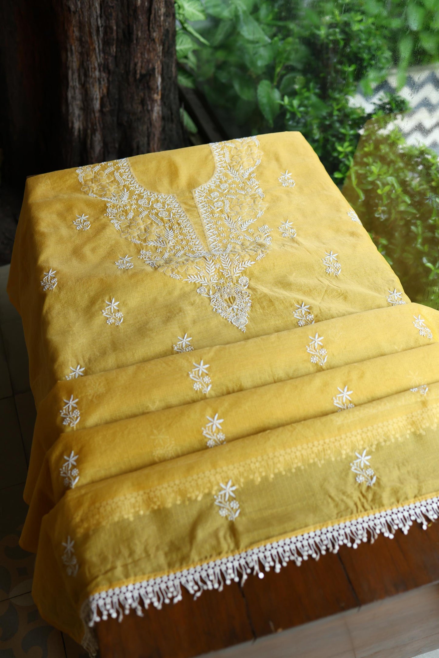 Yellow Shade Kota Chikankari Unstitched Suit Fabric