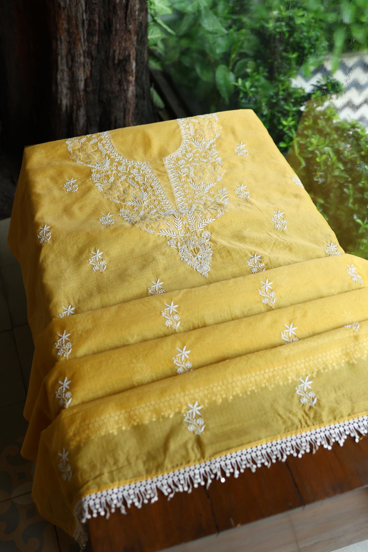 Yellow Shade Kota Chikankari Unstitched Suit Fabric