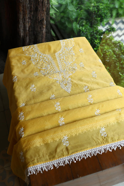 Yellow Shade Kota Chikankari Unstitched Suit Fabric