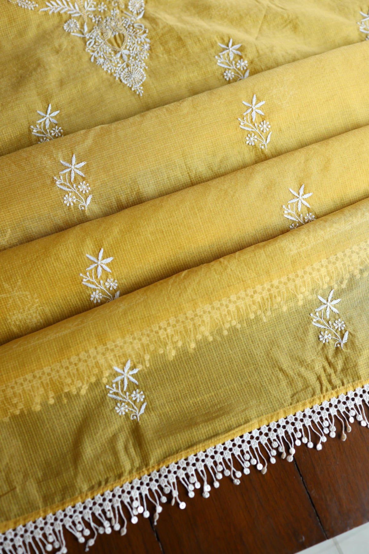 Yellow Shade Kota Chikankari Unstitched Suit Fabric