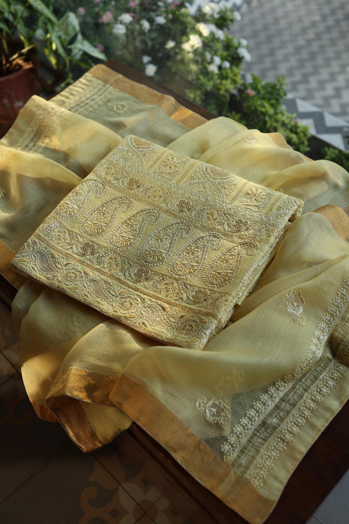 Yellow Shade Linen Silk Chikankari With Ari Work Unstitched Kurta Dupatta Set