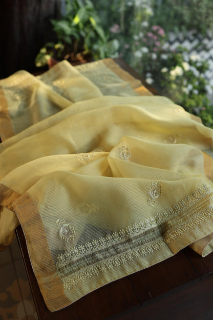 Yellow Shade Linen Silk Chikankari With Ari Work Unstitched Kurta Dupatta Set