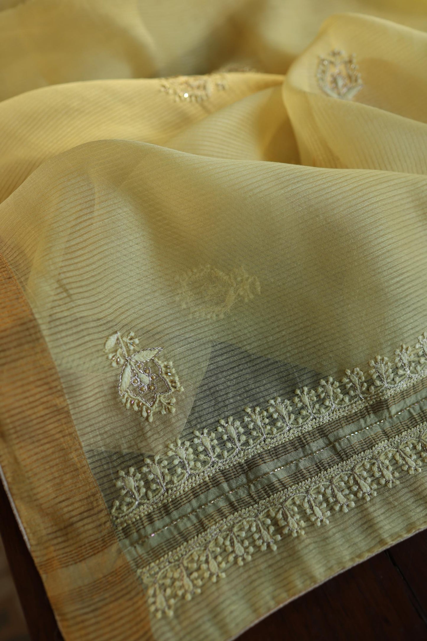 Yellow Shade Linen Silk Chikankari With Ari Work Unstitched Kurta Dupatta Set