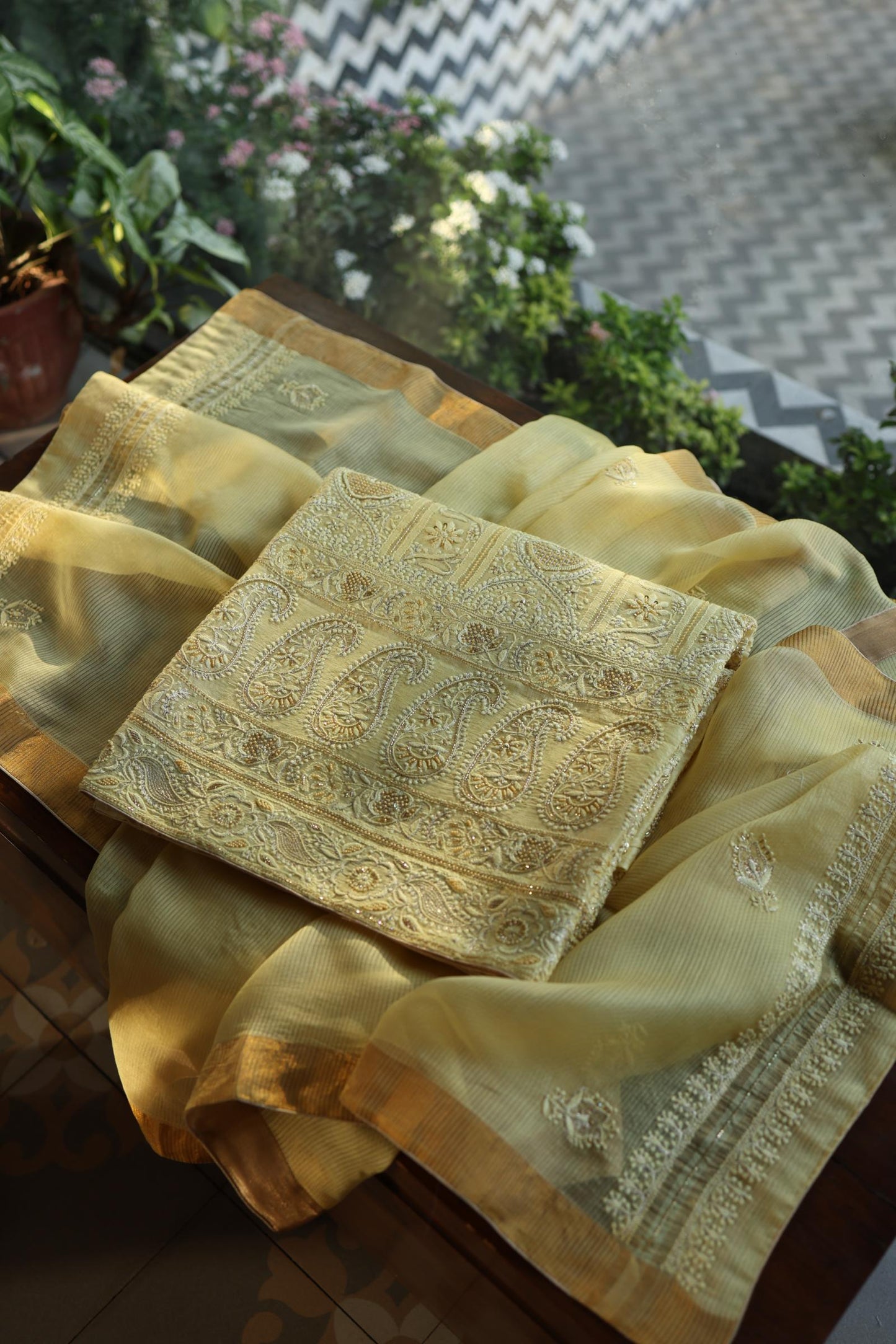 Yellow Shade Linen Silk Chikankari With Ari Work Unstitched Kurta Dupatta Set