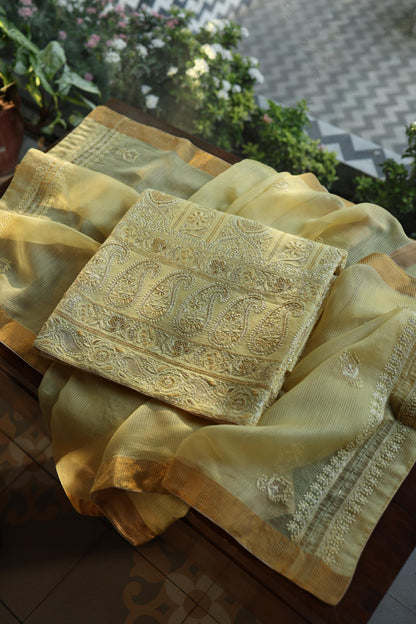 Yellow Shade Linen Silk Chikankari With Ari Work Unstitched Kurta Dupatta Set