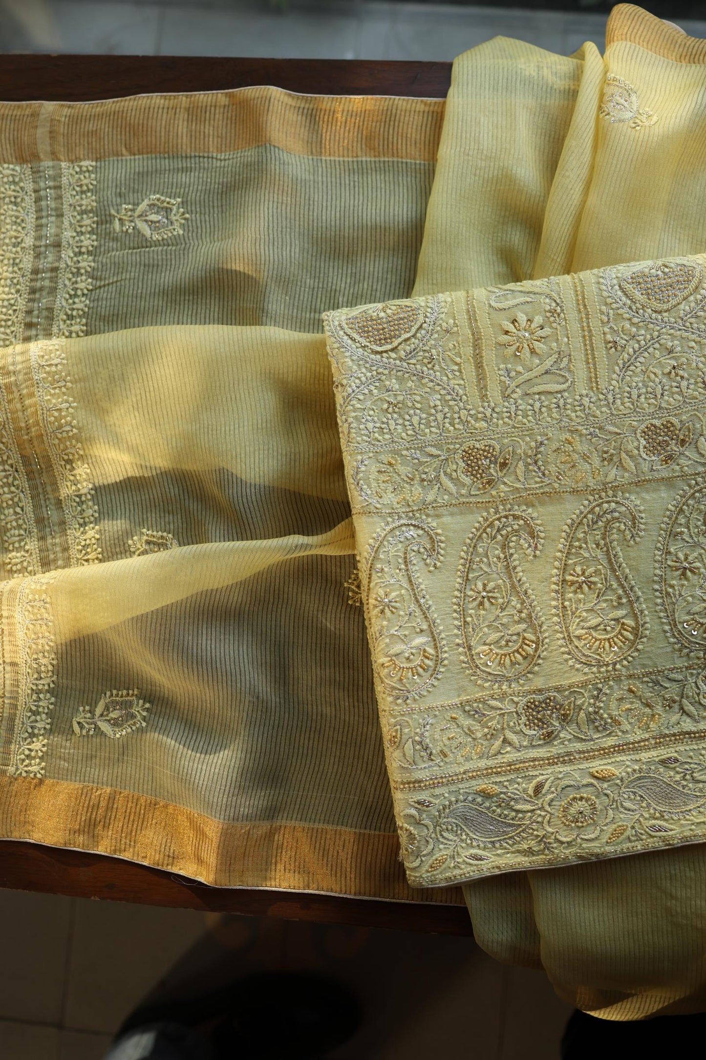 Yellow Shade Linen Silk Chikankari With Ari Work Unstitched Kurta Dupatta Set