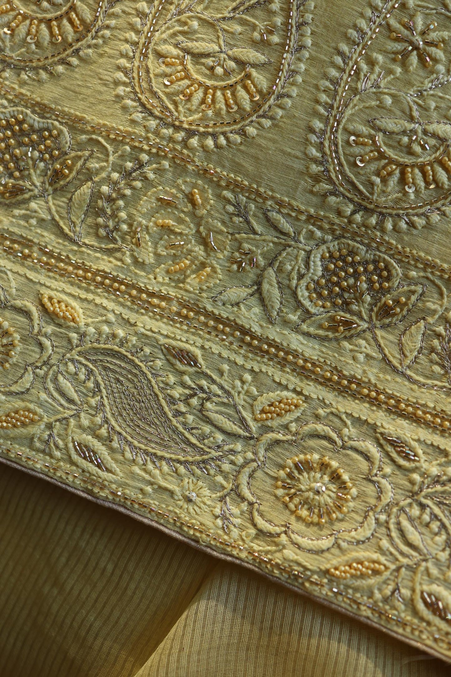 Yellow Shade Linen Silk Chikankari With Ari Work Unstitched Kurta Dupatta Set