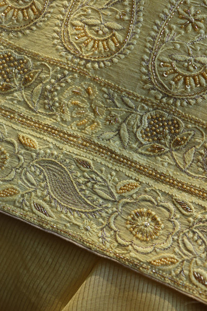 Yellow Shade Linen Silk Chikankari With Ari Work Unstitched Kurta Dupatta Set