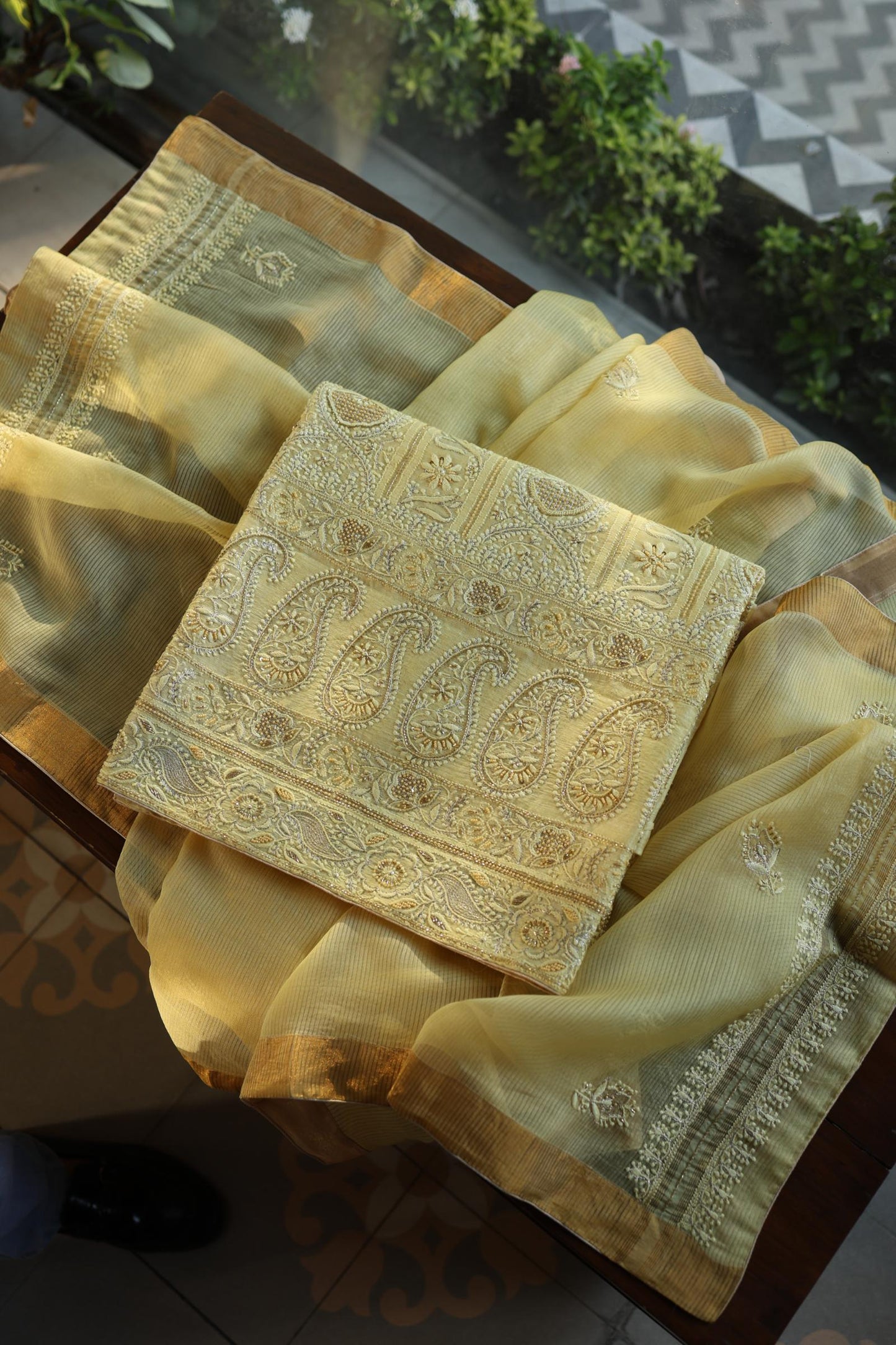 Yellow Shade Linen Silk Chikankari With Ari Work Unstitched Kurta Dupatta Set