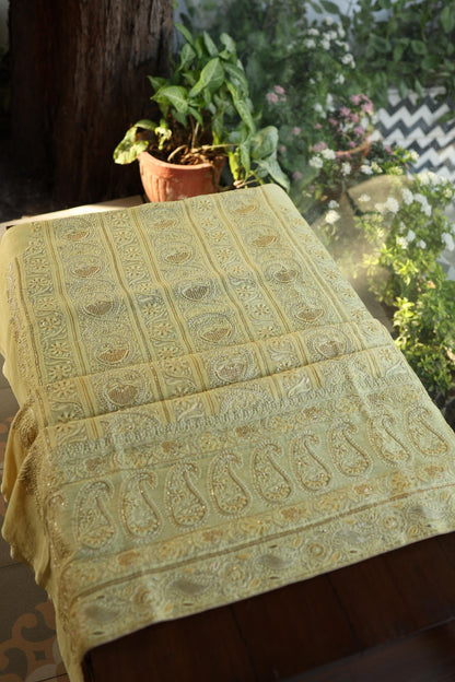 Yellow Shade Linen Silk Chikankari With Ari Work Unstitched Kurta Dupatta Set