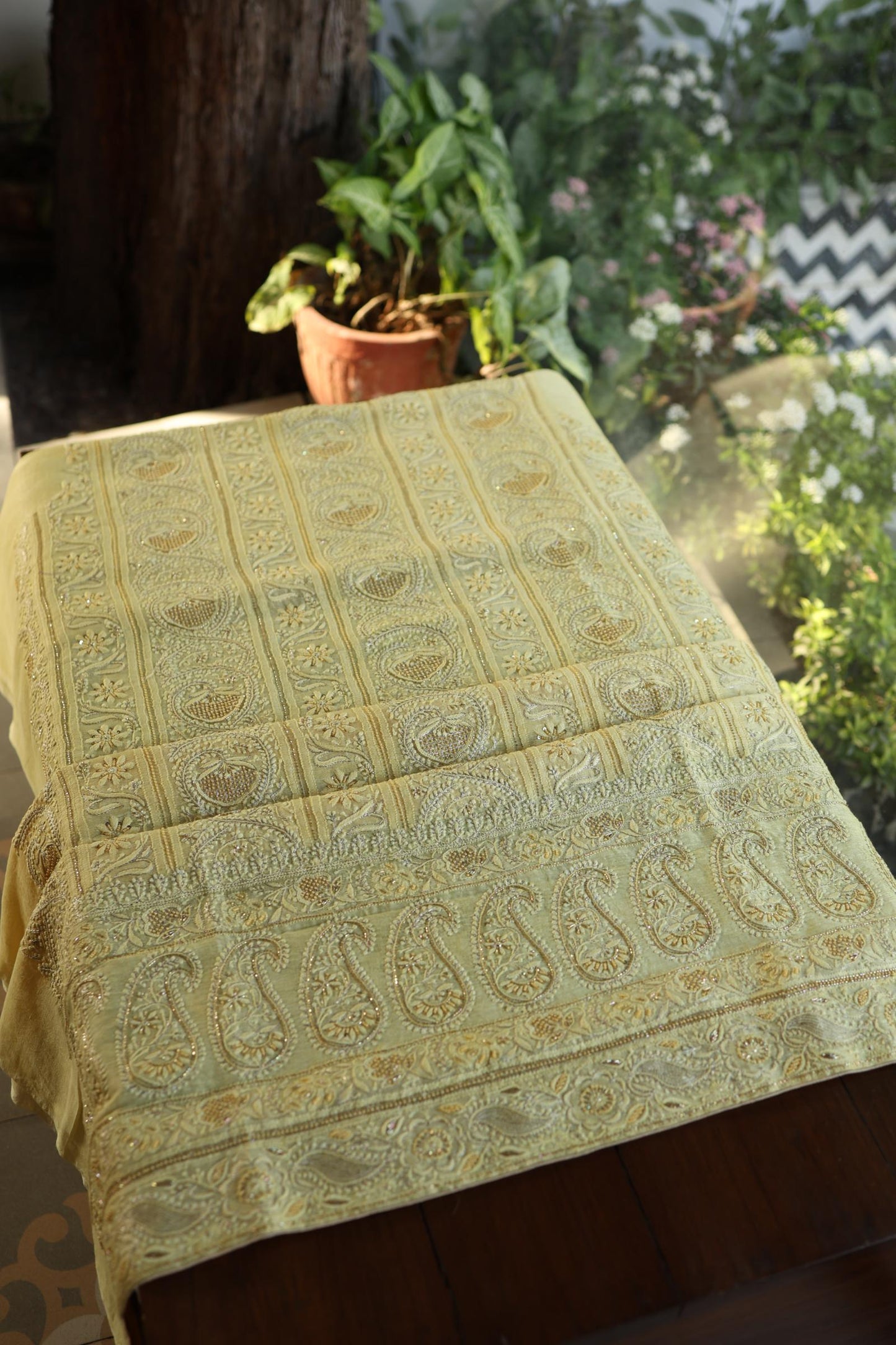 Yellow Shade Linen Silk Chikankari With Ari Work Unstitched Kurta Dupatta Set