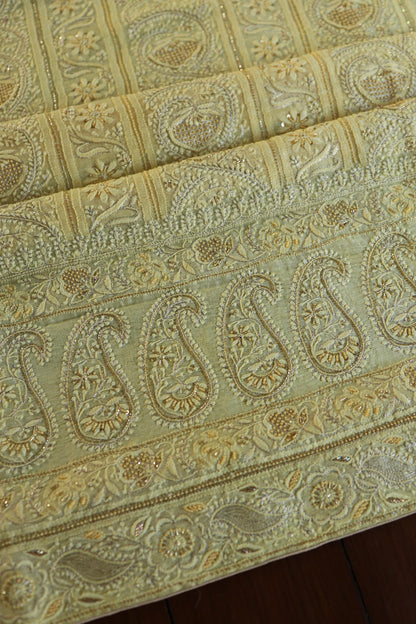 Yellow Shade Linen Silk Chikankari With Ari Work Unstitched Kurta Dupatta Set