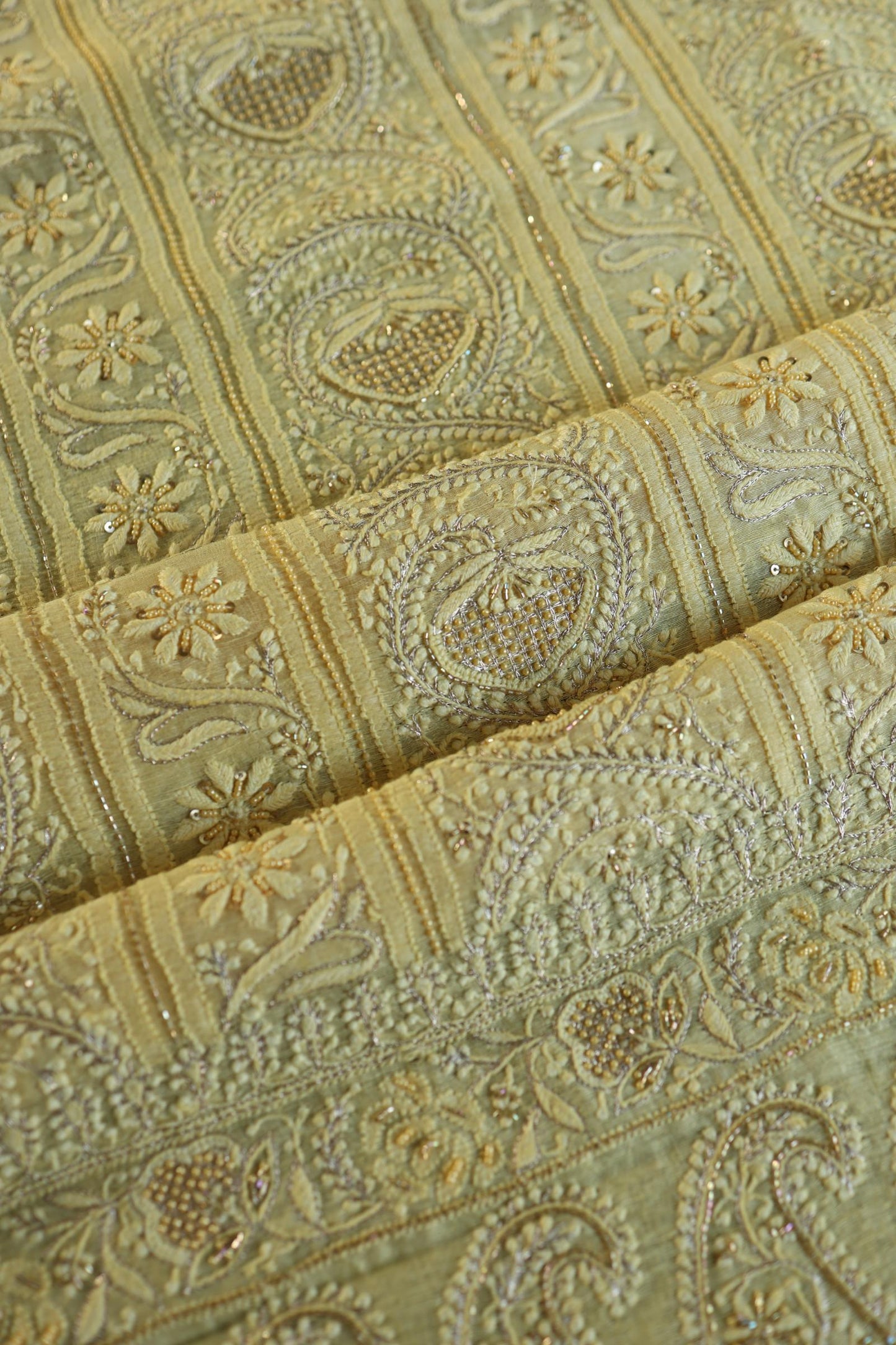 Yellow Shade Linen Silk Chikankari With Ari Work Unstitched Kurta Dupatta Set