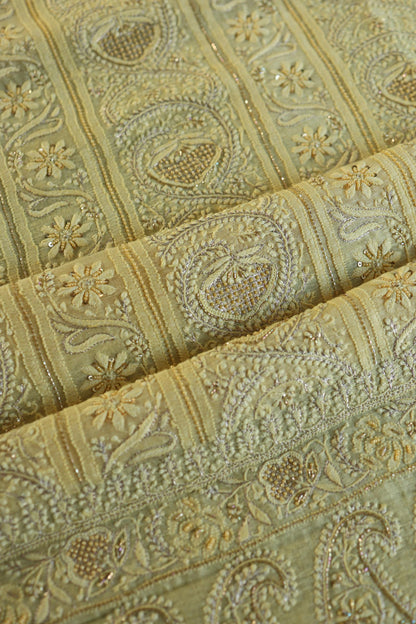 Yellow Shade Linen Silk Chikankari With Ari Work Unstitched Kurta Dupatta Set