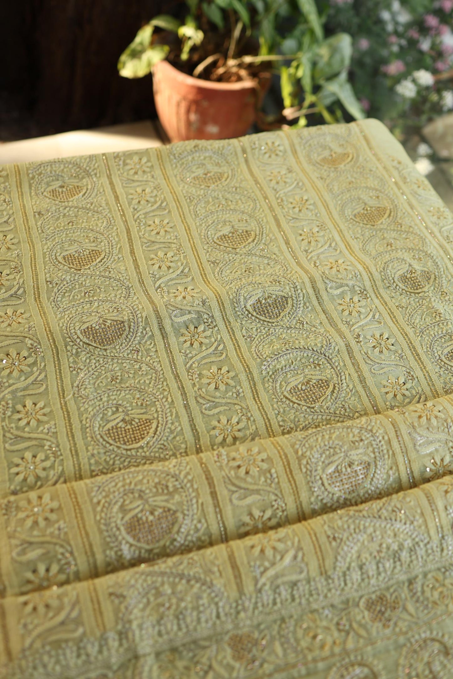Yellow Shade Linen Silk Chikankari With Ari Work Unstitched Kurta Dupatta Set