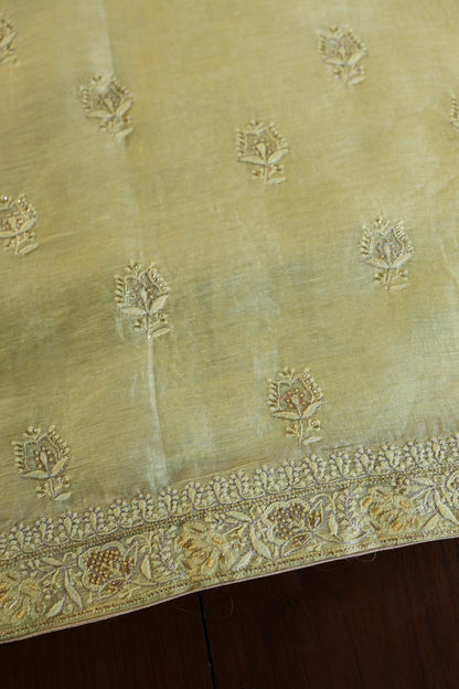 Yellow Shade Linen Silk Chikankari With Ari Work Unstitched Kurta Dupatta Set